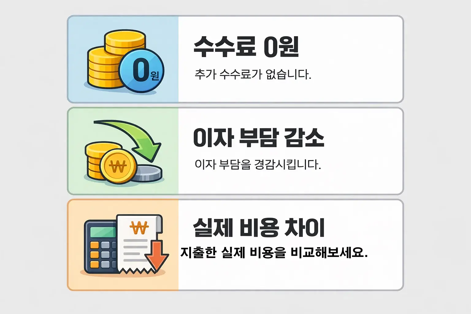 중도상환 시 수수료 0원 기준과 이자 부담 감소 효과, 실제 비용 차이를 비교한 안내 이미지