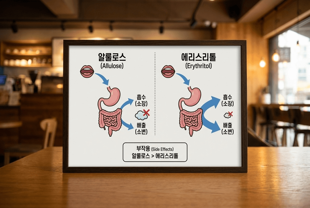 대체당 부작용 관점에서 알룰로스와 에리스리톨의 흡수와 장내 이동 차이를 단순 도식으로 보여주는 이미지