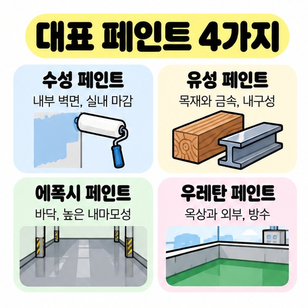 수성, 유성, 에폭시, 우레탄 페인트를 벽, 목재와 금속, 바닥, 방수 용도와 연결한 카드