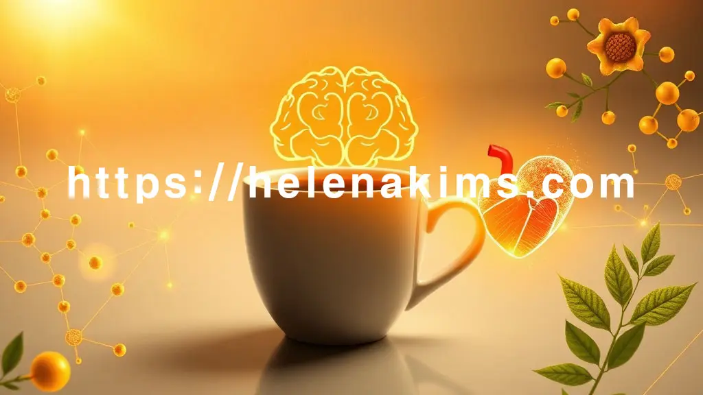 깔끔하고 밝은 배경 중앙에 따뜻하게 빛나는 커피잔이 놓여 있다. 커피잔에서 뿜어져 나오는 부드러운 에너지 라인들이 집중력을 상징하는 뇌의 윤곽선과 활력 넘치는 심장 아이콘으로 자연스럽게 이어진 이미지.