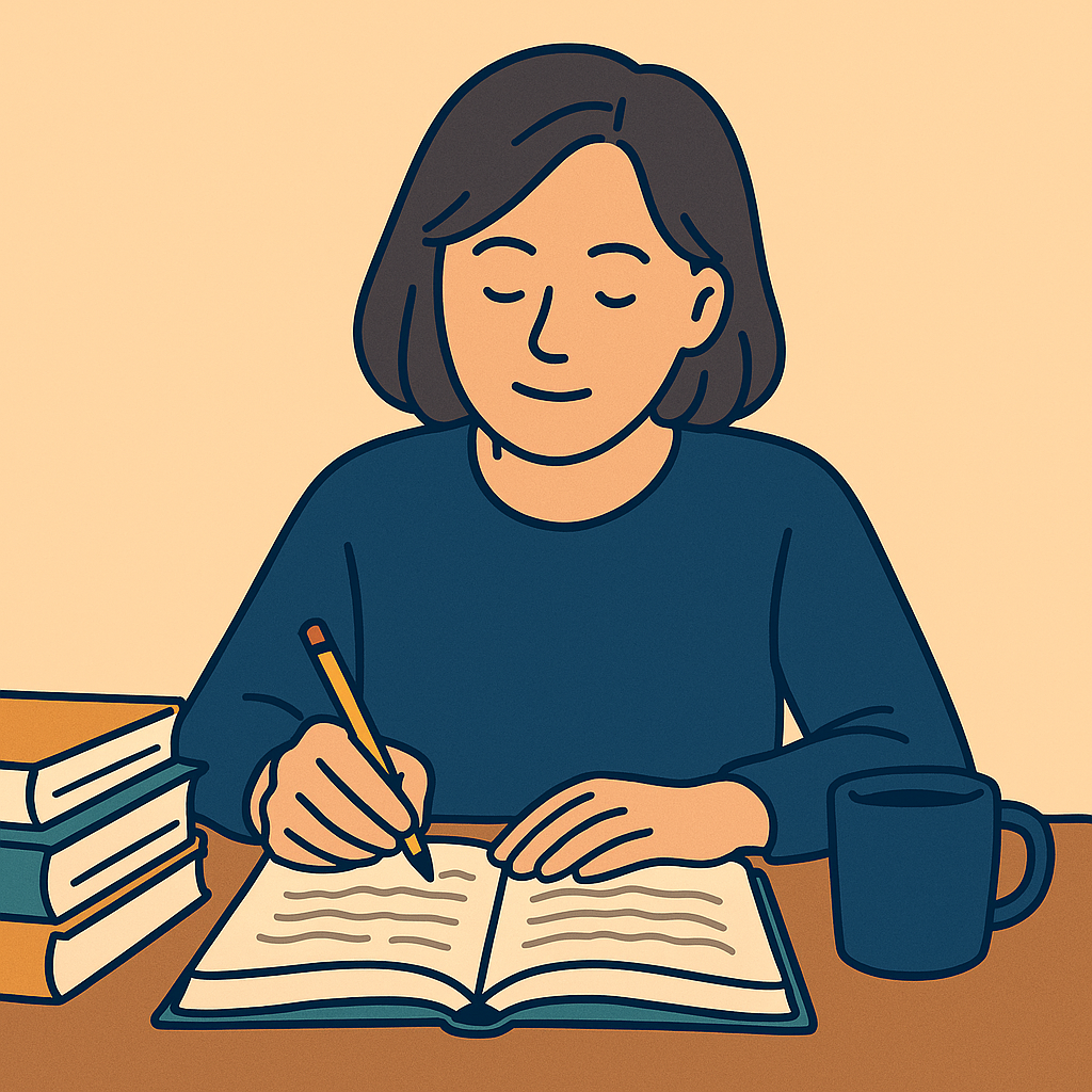 평면 벡터 스타일 일러스트: 베이지 배경 앞에서 짙은 파란색 셔츠를 입은 중년 여성이 책상에 앉아 연필로 열심히 필기하고 있으며, 왼쪽에는 책 더미, 오른쪽에는 머그잔이 놓여 있는 공부 장면.