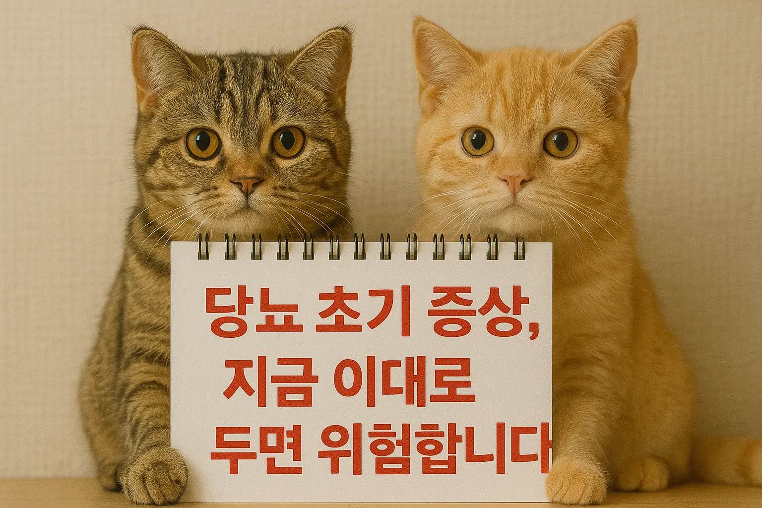 두 마리 고양이가 "당뇨 초기 증상, 지금 이대로 두면 위험합니다"라는 빨간 글씨가 적힌 스케치북을 들고 있는 모습.