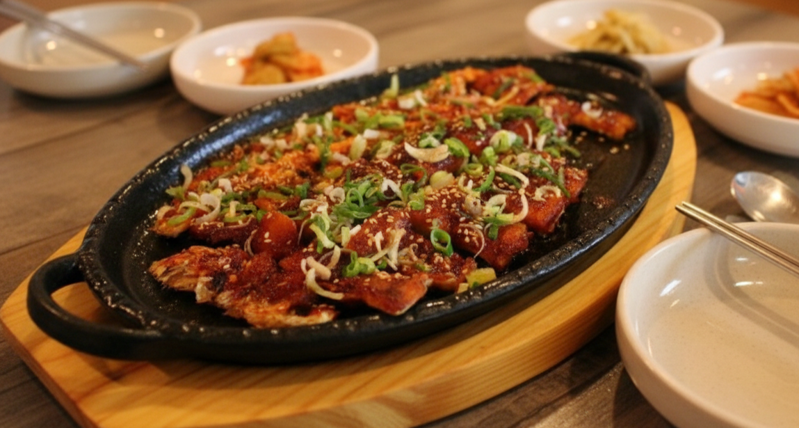빨간 양념이 먹음직스럽게 배어든 두툼한 황태구이 모습.