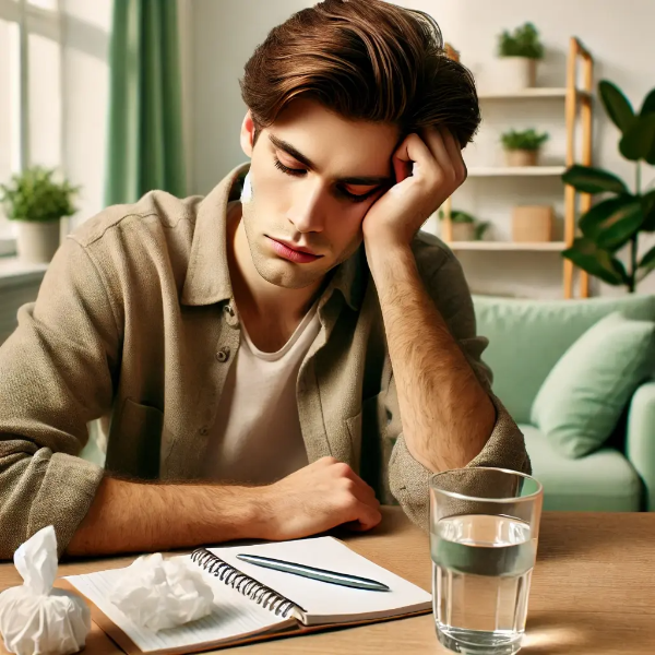 노트북 앞 책상에서 피곤한 표정으로 앉아 있는 젊은 남성의 면역 저하 암시 초고해상도 사진