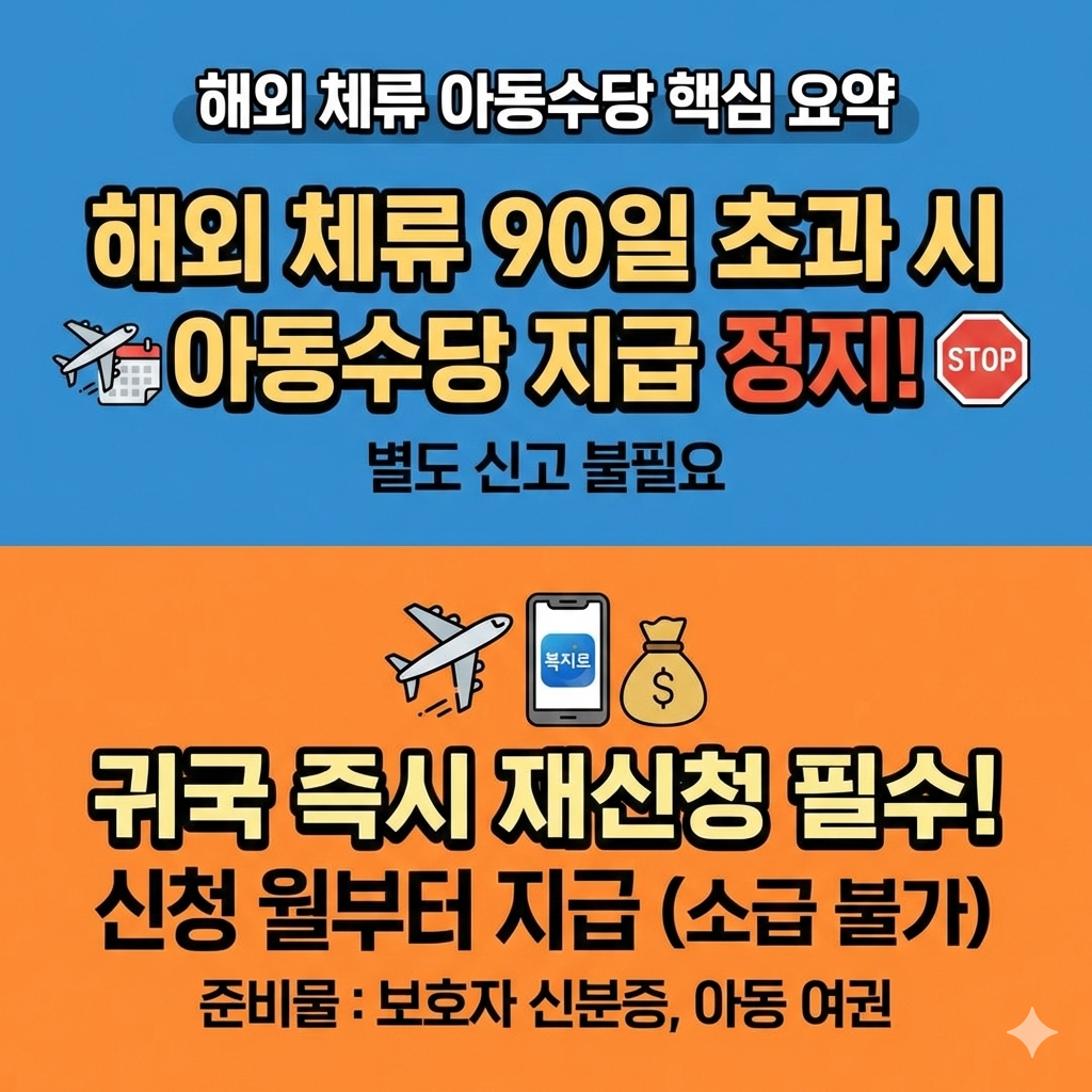 해외 체류 시 아동수당 90일 지급 정지 기준과 귀국 후 재신청 절차 완벽 가이드