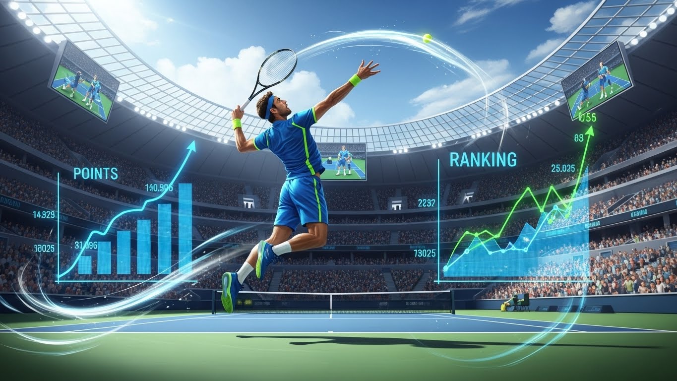 테니스 선수가 서브를 넣는 역동적인 모습과 랭킹 포인트 상승 그래프가 결합된 이미지.