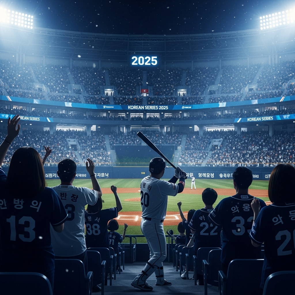 2025년 한국시리즈 야구 경기, 열정적으로 응원하는 팬들과 역동적인 선수들의 모습이 담긴 활기찬 경기장 전경.