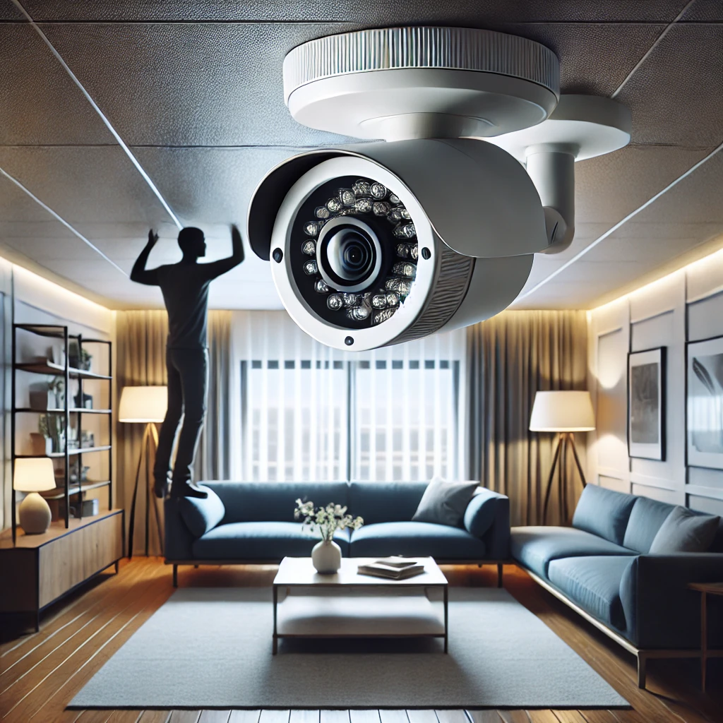 실내 천장에 설치된 보안 카메라의 각도를 조정하며 사각지대를 제거하는 모습&amp;#44; 카메라는 적외선 렌즈로 야간 시야 기능을 갖추었으며 배경에는 현대적인 가구와 부드러운 조명이 있는 안전하고 아늑한 실내 환경이 나타남