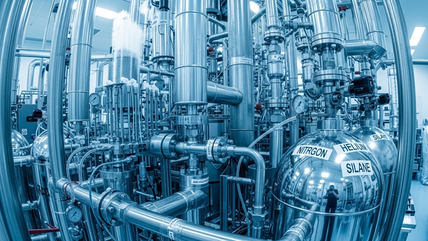 A close-up of intricate industrial pipes and gas tanks in a high-tech semiconductor factory, blue and silver tones.