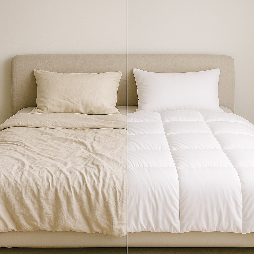 왼쪽은 구김과 누런 색으로 보이는 세탁 전 이불, 오른쪽은 하얗고 뽀송해진 세탁 후 이불의 비교 이미지