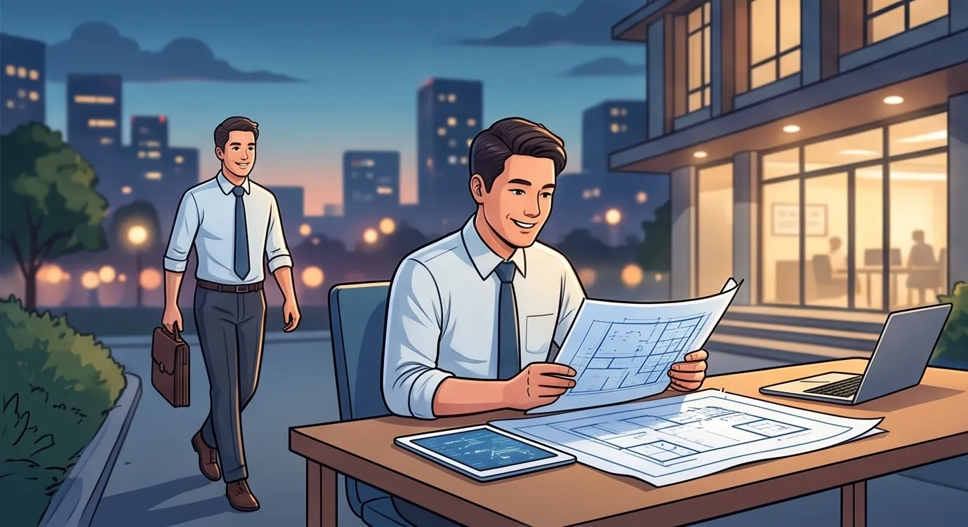 야간 도심 야외 테이블에서 도면과 노트북을 보며 작업하는 직장인 남성
