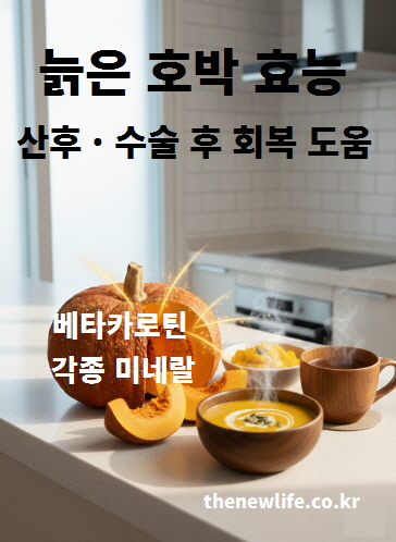 늙은 호박 효능 중 산후와 수술 후 회복에 도움을 주는 영양 특성을 설명한 이미지