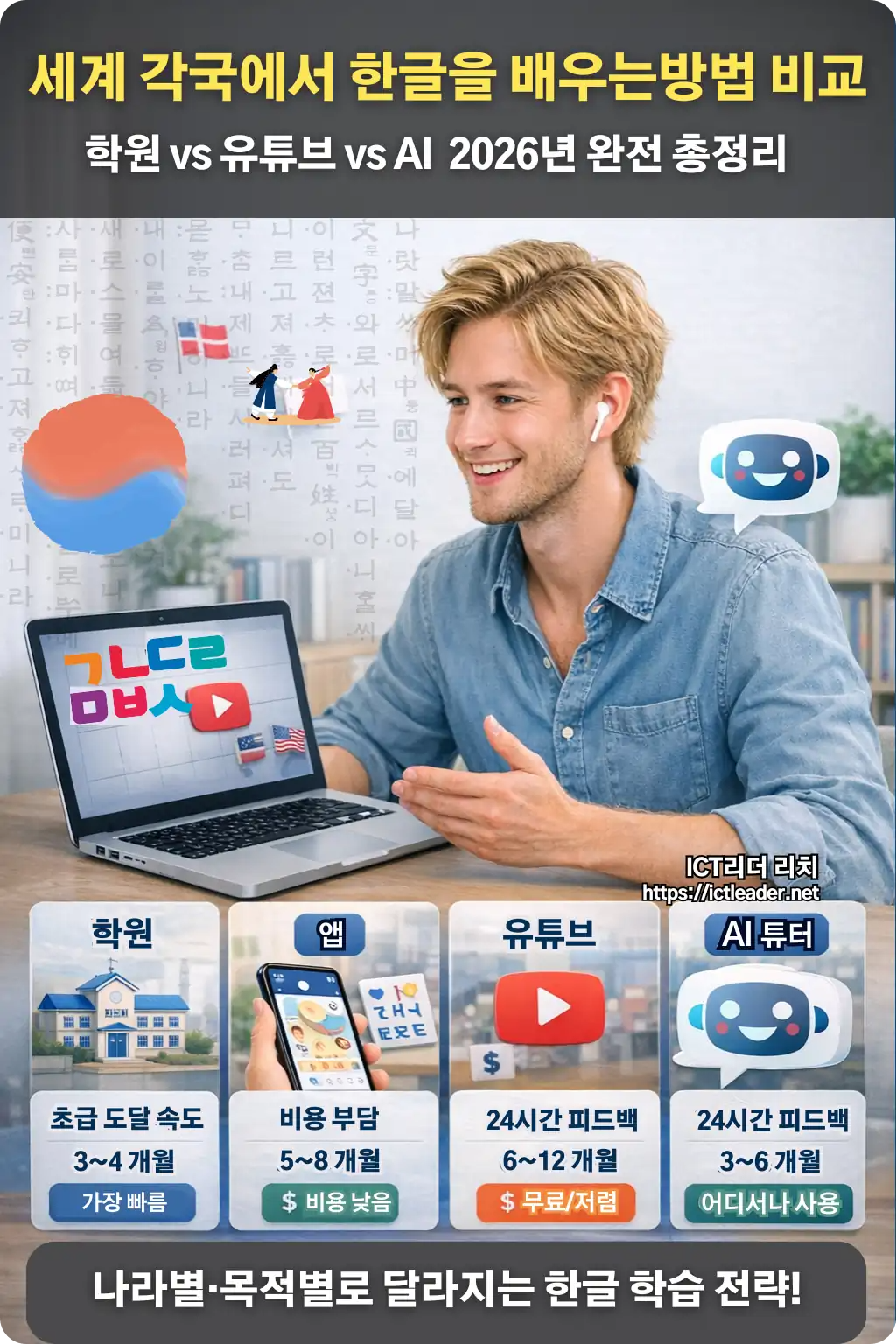 글로벌 한글 학습 방법 비교 인포그래픽, 학원 앱 유튜브 AI 튜터