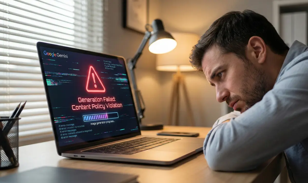 제미나이 인터페이스에서 이미지 생성이 거부되어 경고 아이콘이 뜬 화면