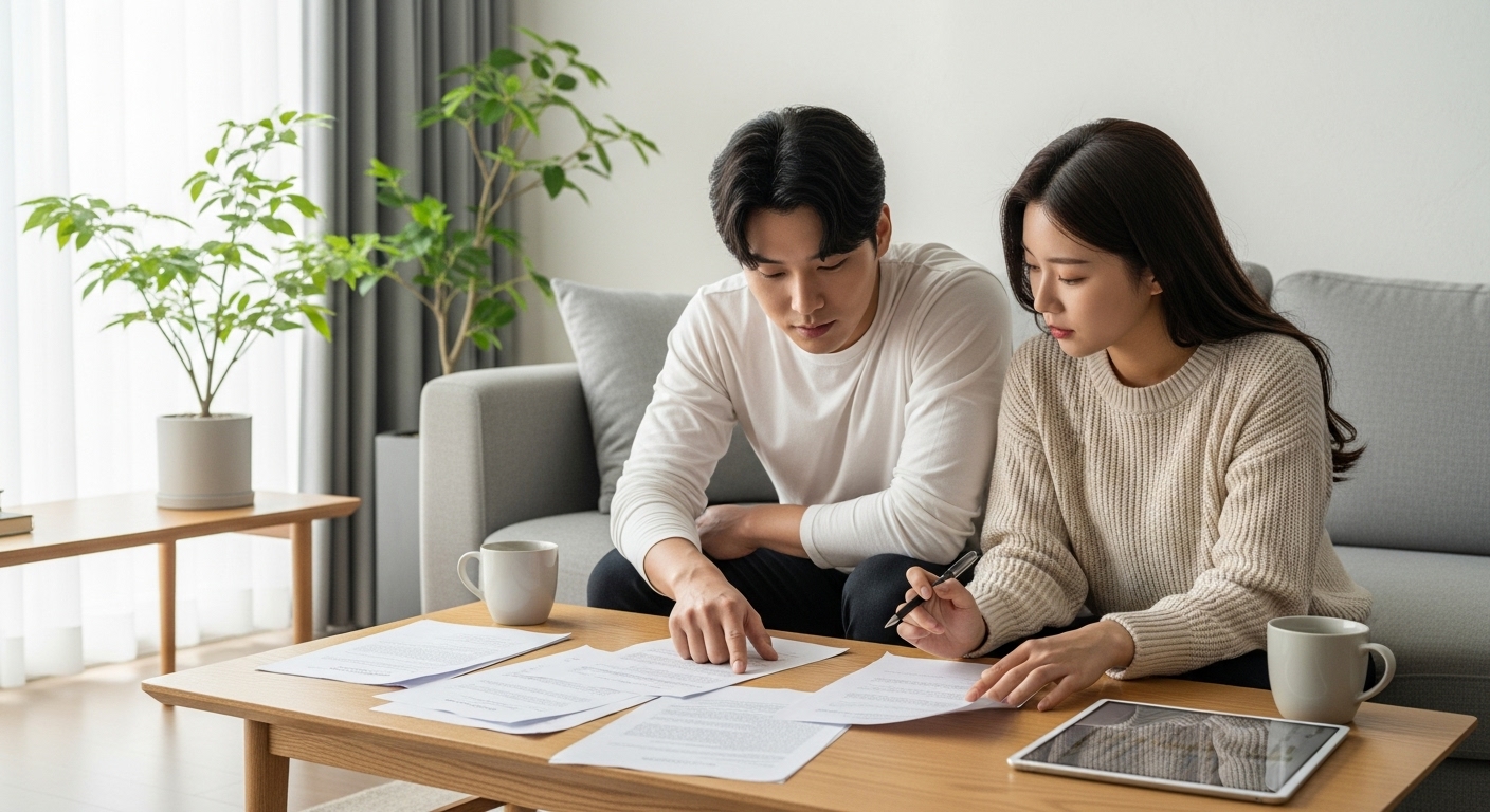 집에서 월세 계약서나 주택 관련 서류를 확인하며 절세 혜택을 논의하는 한국인 부부의 모습.