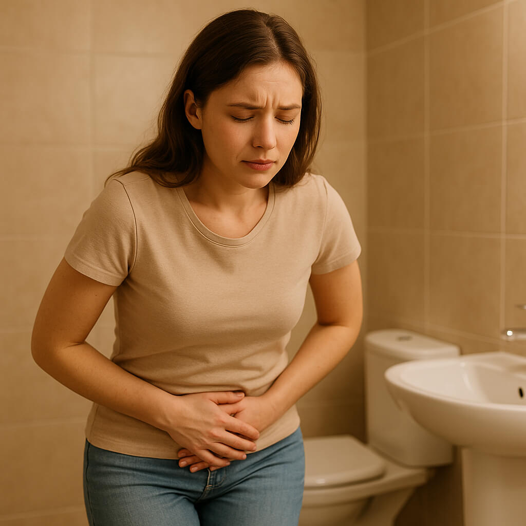 방광염으로 아랫배를 감싸며 불편해하는 여성의 모습(출처:자체제작)