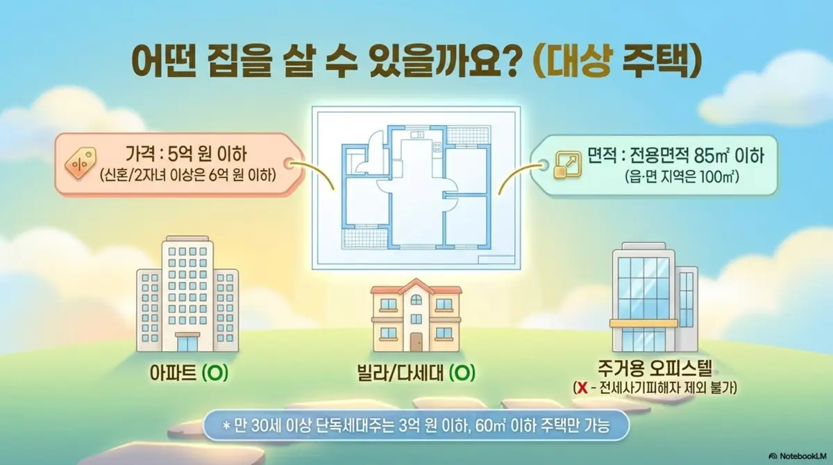 디딤돌대출 조건: 디딤돌대출로 살 수 있는 대상 주택 조건을 정리한 이미지. 가격 5억 원 이하와 전용면적 85제곱미터 이하 기준, 아파트와 빌라는 가능하고 오피스텔은 제외된다는 점을 설명함