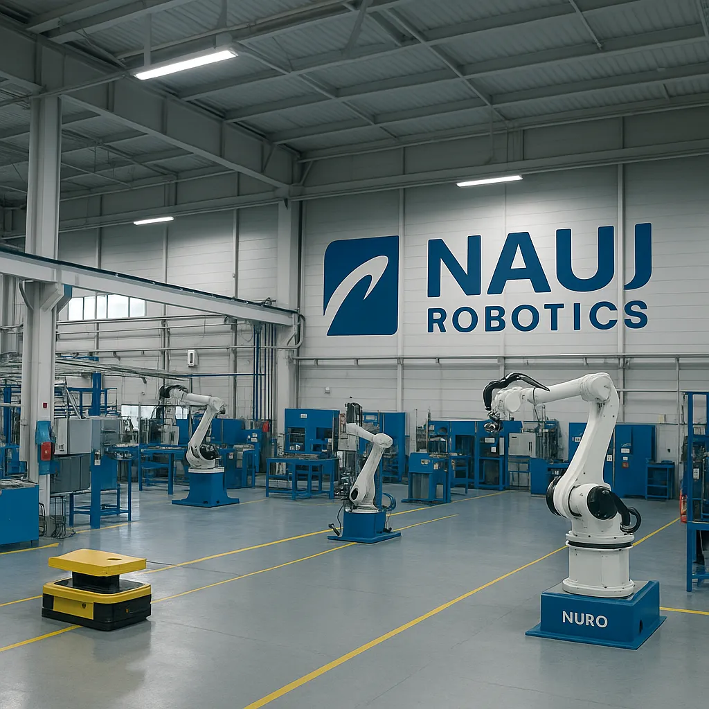 나우로보틱스 로고가 보이는 산업용 로봇 공장 내부 전경