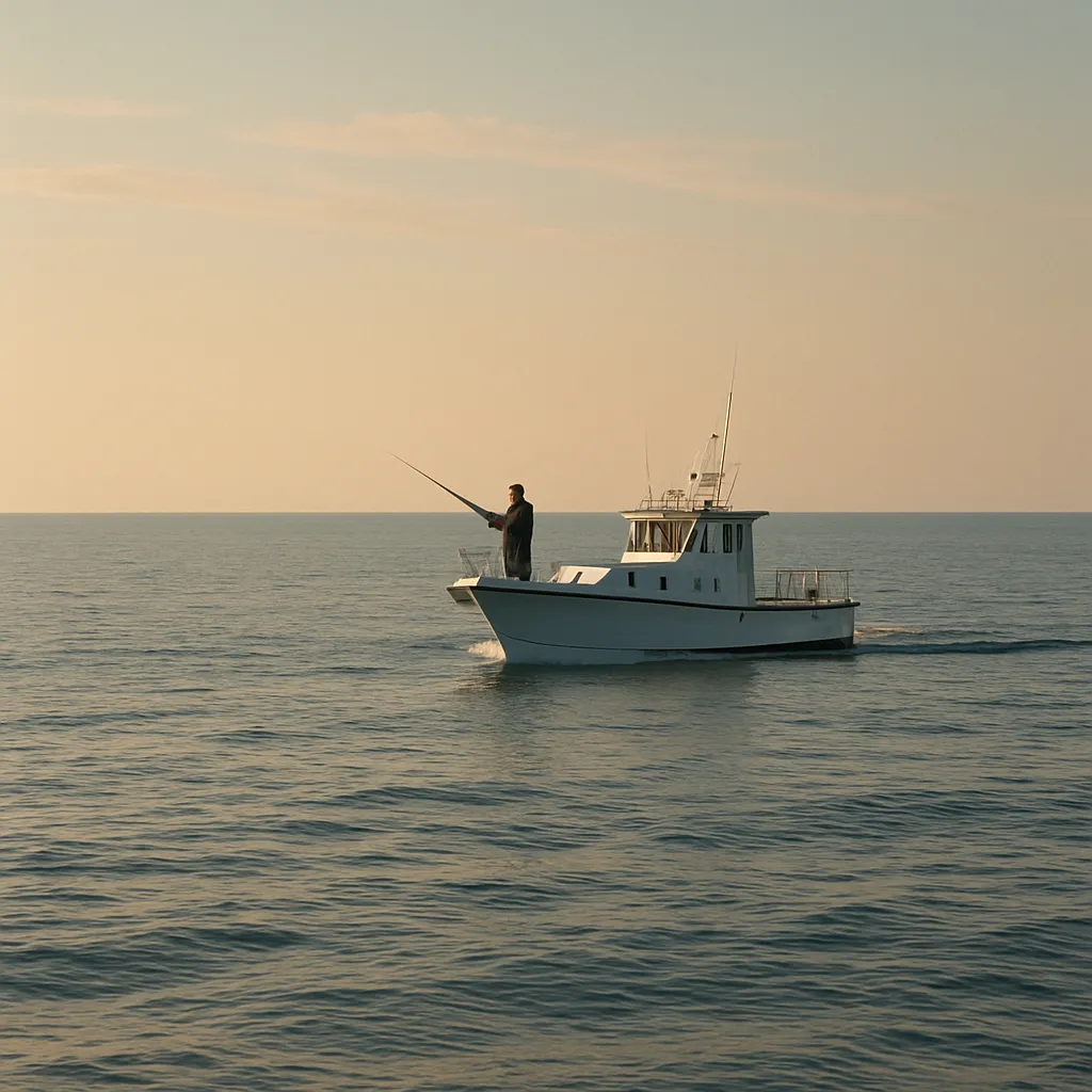 바다 위 낚싯배에서 선상낚시를 즐기는 원거리 모습