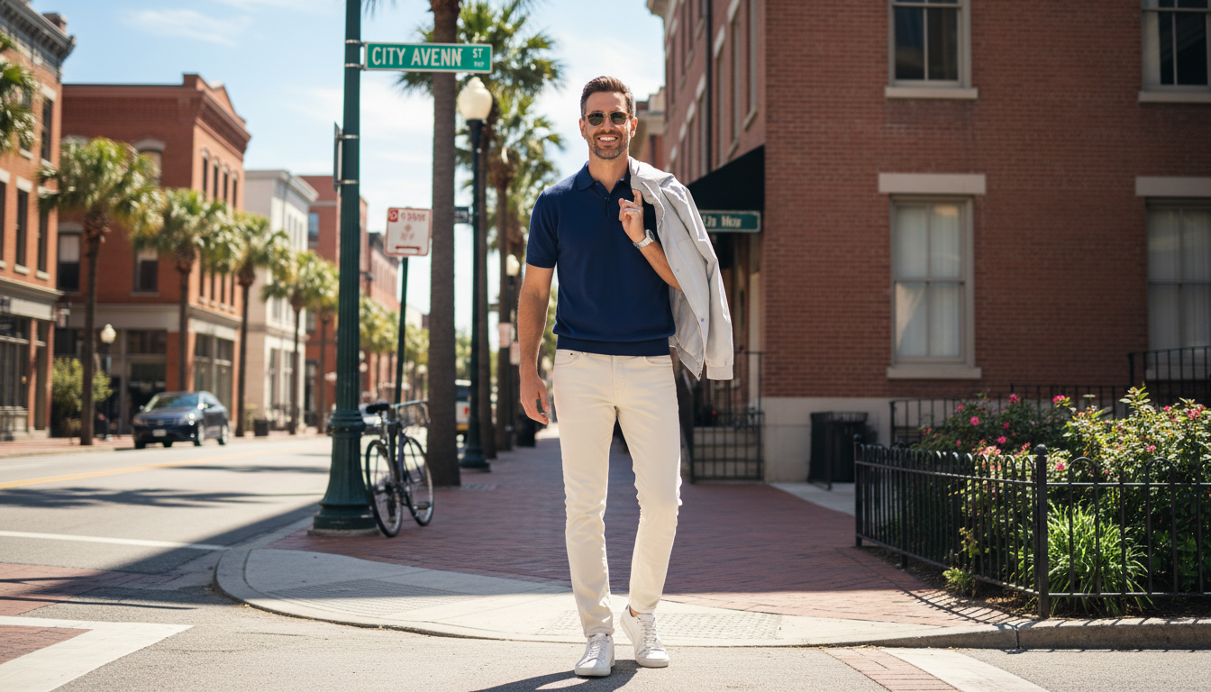 네이비 반팔 니트와 크림 진으로 완성한 25도 남성 꾸안꾸 룩