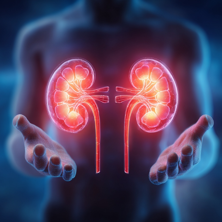 신장을 두손모아 아끼는 디지털 시각화 장면