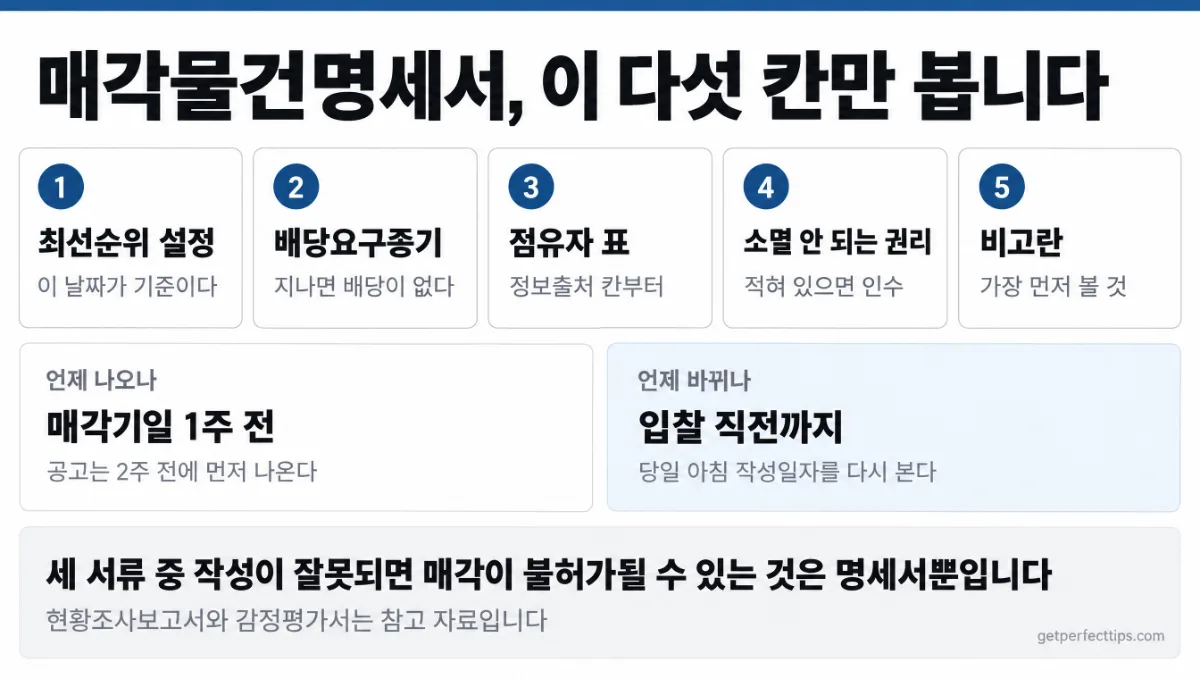 매각물건명세서에서 확인할 다섯 칸 요약 — 최선순위 설정, 배당요구종기, 점유자 표, 소멸되지 않는 권리, 비고란