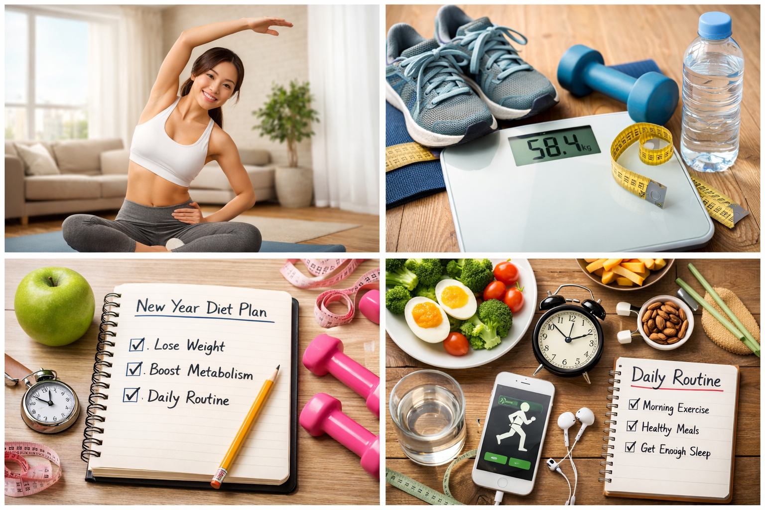 새해 건강목표를 위한 체중감량 가이드 이미지로, 스트레칭하는 여성과 체중계, 운동화, 건강식, 기초대사량(BMR) 설명 인포그래픽, 일상 루틴 체크리스트가 함께 구성된 건강 다이어트 일러스트
