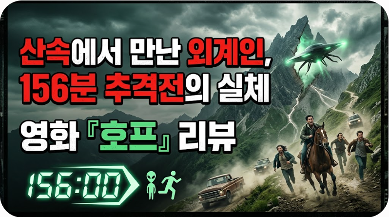 험험한 산악 도로를 배경으로 외계 비행선이 나타나고, 사람들이 말과 트럭으로 다급히 탈출하는 긴박한 추격전 장면을 담은 영화 『호프』 리뷰 썸네일 이미지입니다.