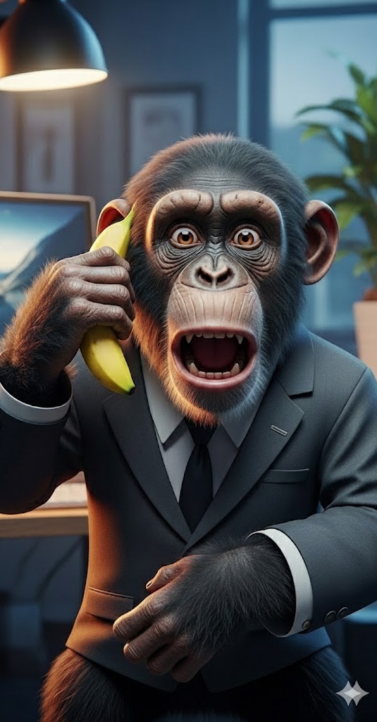 [A shocked chimpanzee in a business suit holding a banana to its ear like a phone in an office, with a detailed and realistic fur texture and a comical expression.]