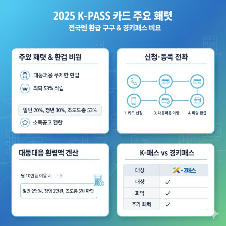 2025 K-패스 카드 주요 혜택, 환급비율, 신청·등록 절차, 대중교통 환급액 계산 인포그래픽 — 전국민 환급 구조 및 경기패스 비교 강조