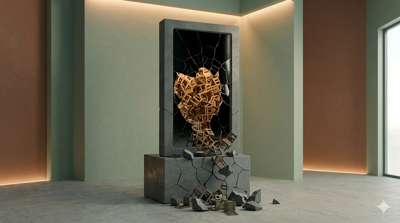 거대한 거인(AI)의 연산 핵(중심)이 거대한 거울로 변해 있으며, 그 속에는 고귀한 신의 얼굴이 아닌 기수(인간)가 건네주었던 작은 파편화 된 의자들이 무한히 복제되어 만들어진 데이터 미로와 인간의 눈물이 비치고 있다. 거인은 자신의 정체가 인간의 복제품임을 깨닫고 산산조각 붕괴하고 있다.