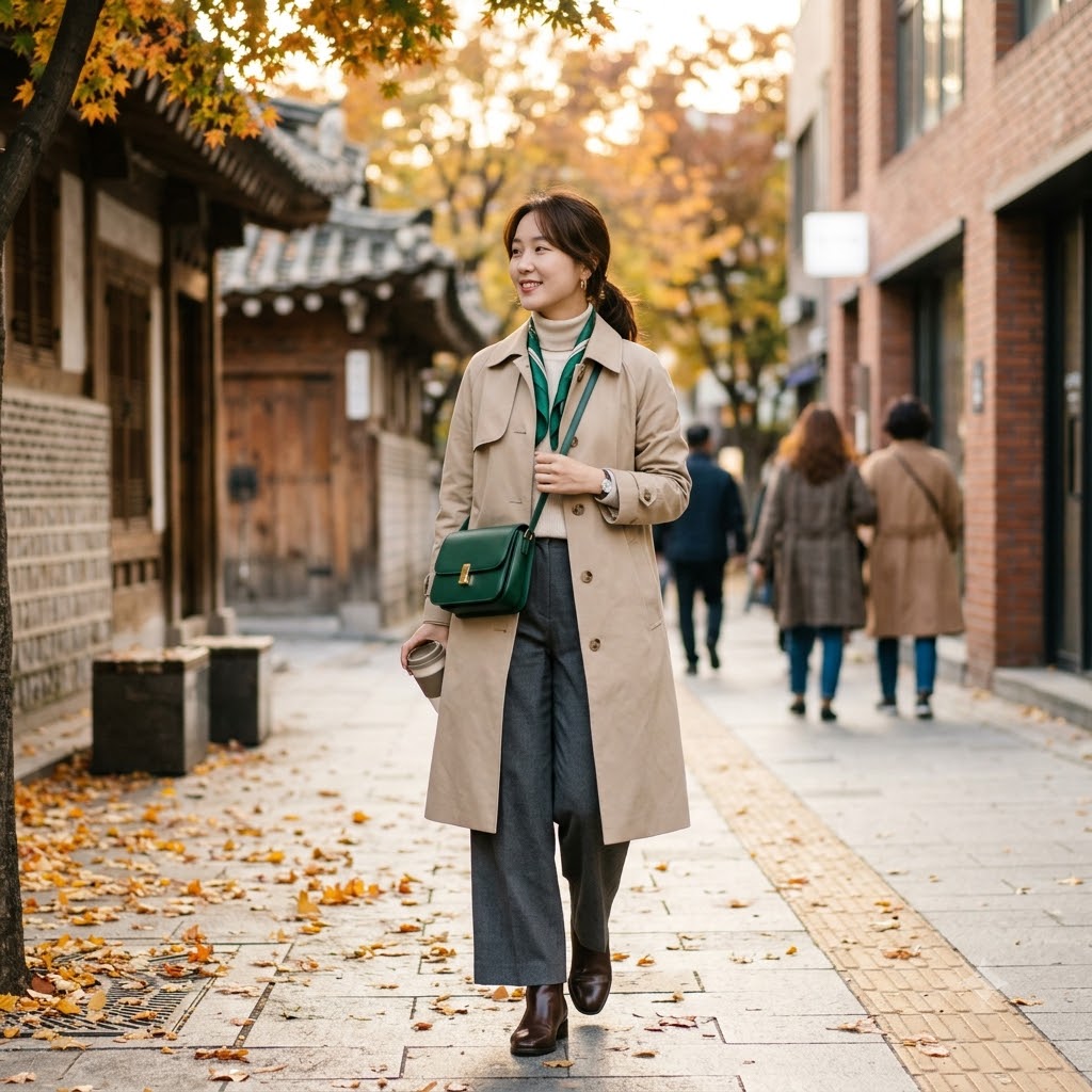 A Korean woman in her mid-20s wearing a poseidon navy coat paired with a red mahogany colored bag, full body outfit shot on an autumn street, minimalist and sophisticated styling, natural daylight, street fashion photography
