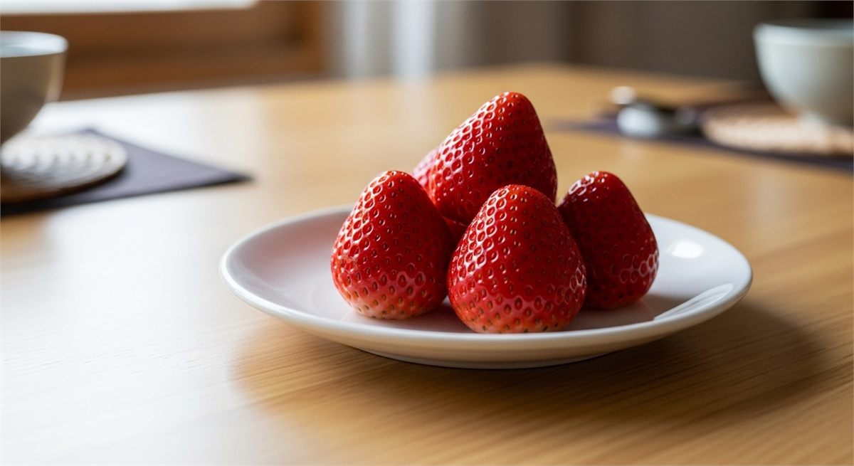 먹기 직전에 손질한 딸기를 접시에 담아 둔 모습 