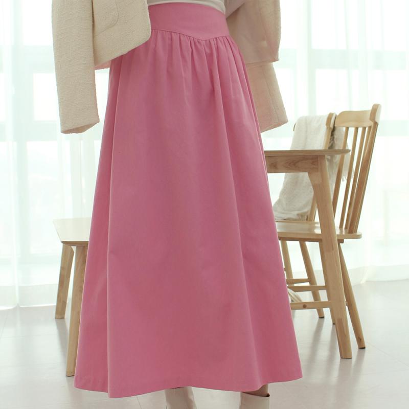 여성 스커트 A라인 밴딩 셔링 코튼 플레어 롱스커트 핑크 치마