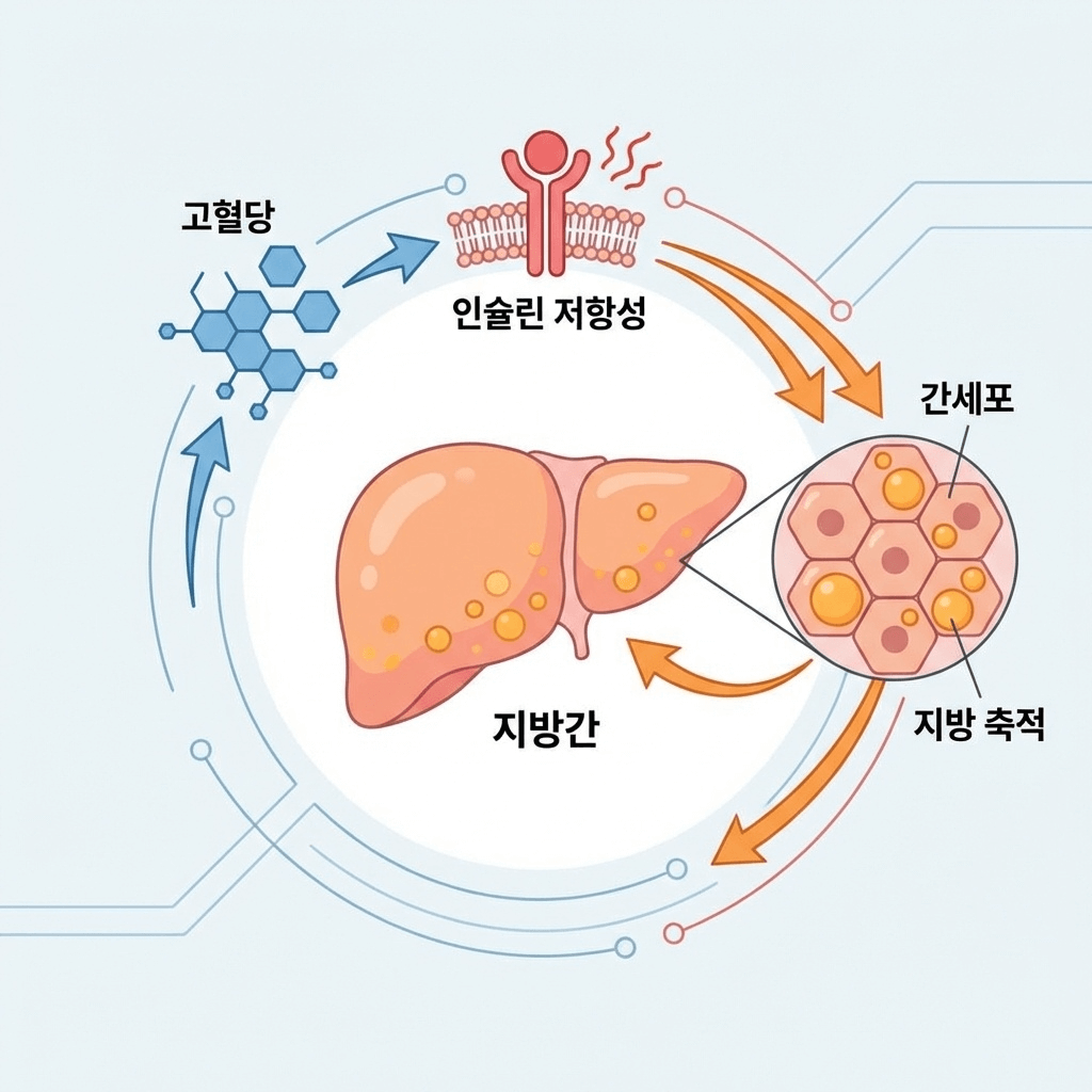 당뇨병이 간 건강을 해치는 메커니즘 설명 차트