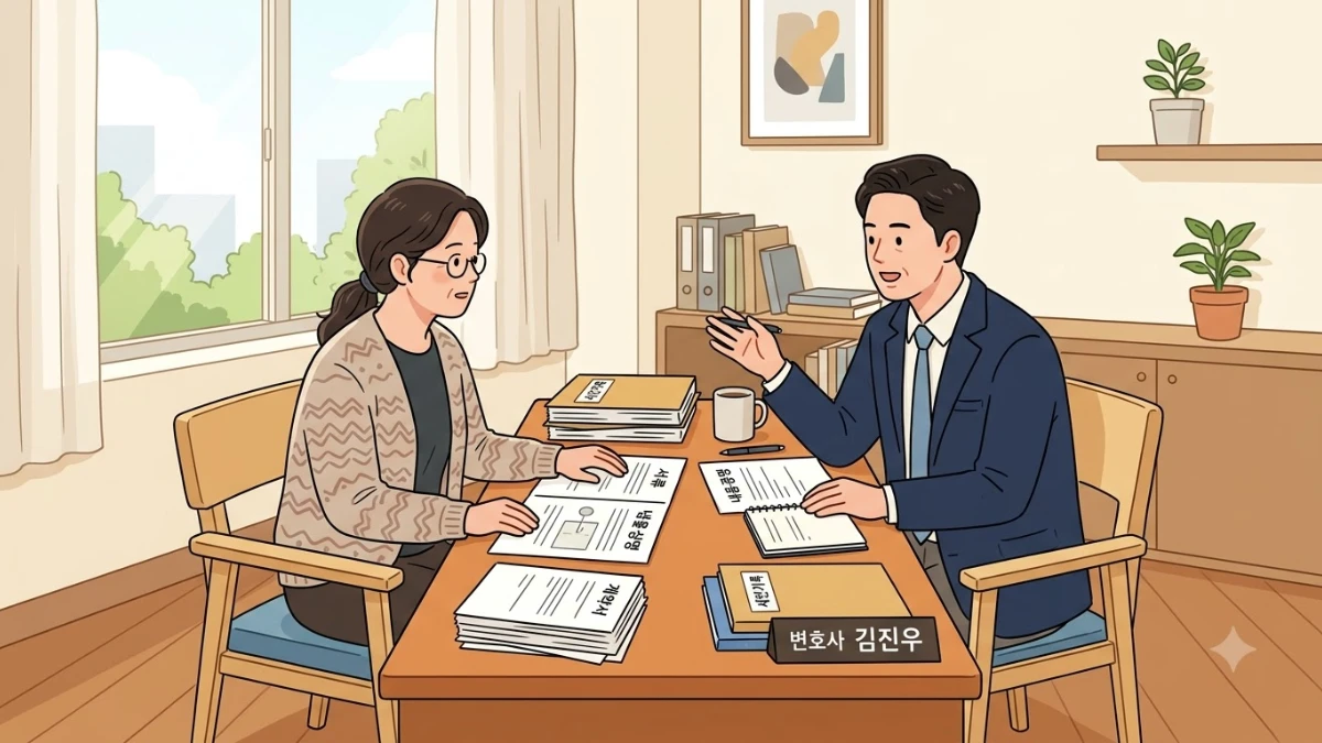 밝은 상담실에서 한국인 중년 여성이 변호사와 마주 앉아 서류를 펼쳐놓고 이야기하는 장면