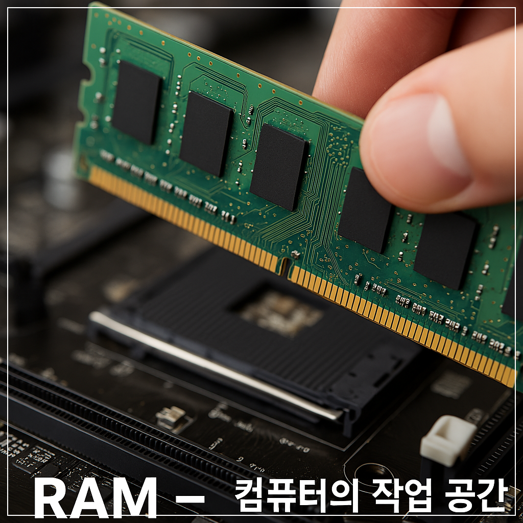 손으로 RAM을 메인보드에 장착하는 장면