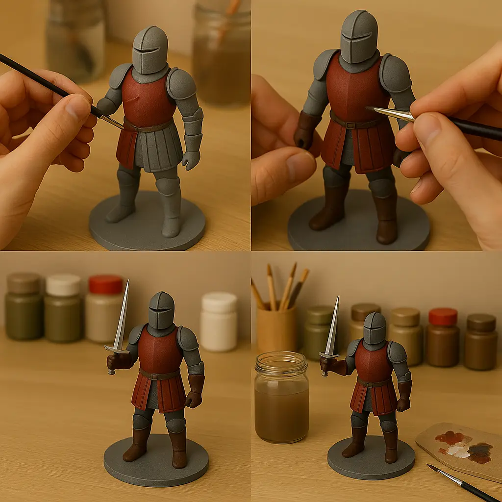 3D프린팅 피규어를 아크릴 물감과 붓으로 도색하는 작업 환경, 다양한 도색 도구와 함께 꼼꼼하게 마무리하는 장면