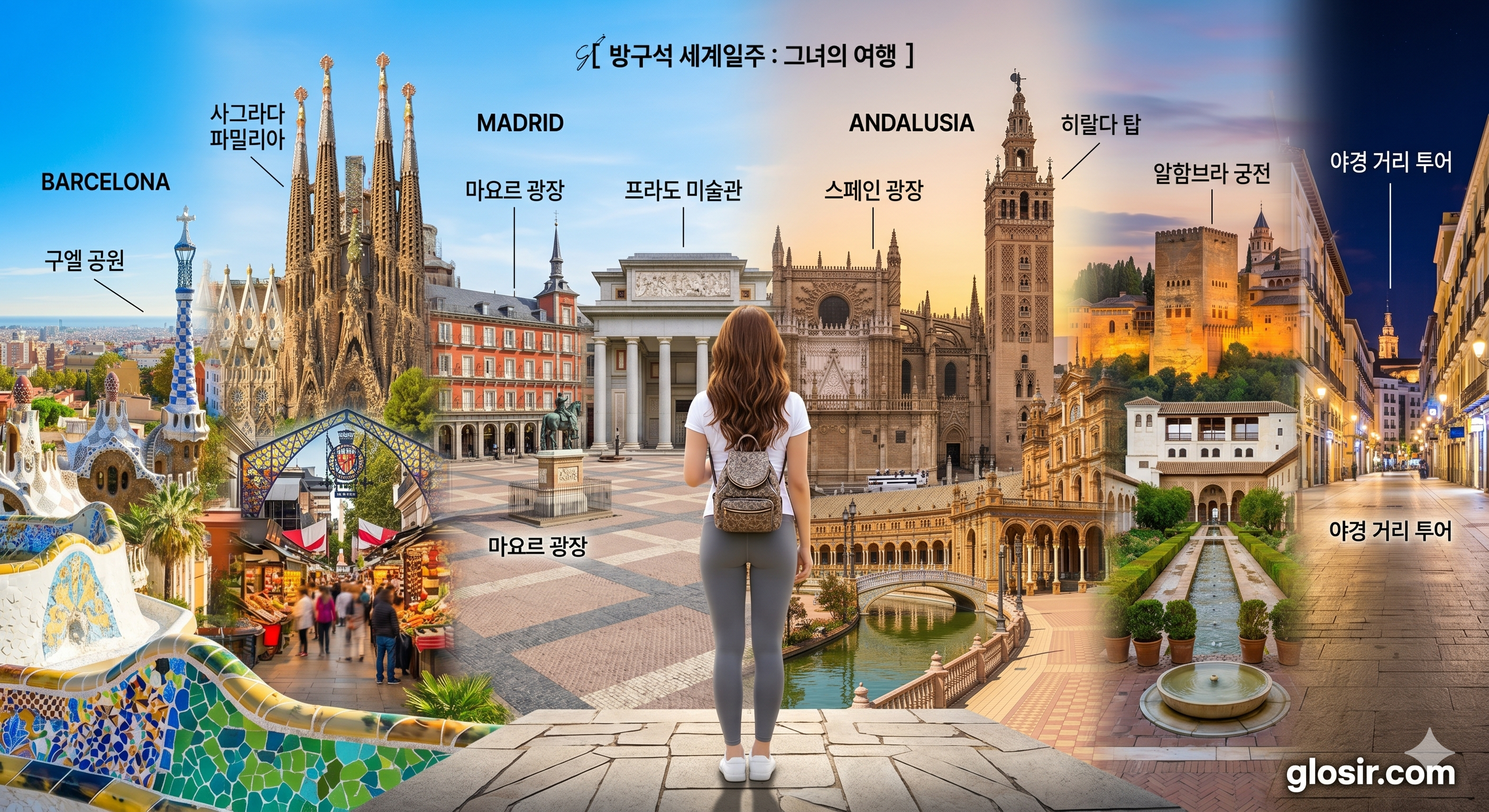 스페인 필수 여행 코스 9 핵심 명소 파노라마 배경을 향해 걸어가는 뒷모습 전신 한국 여성과$$방구석 세계일주 그녀의여행$$glosir.com 브랜딩 콜라주