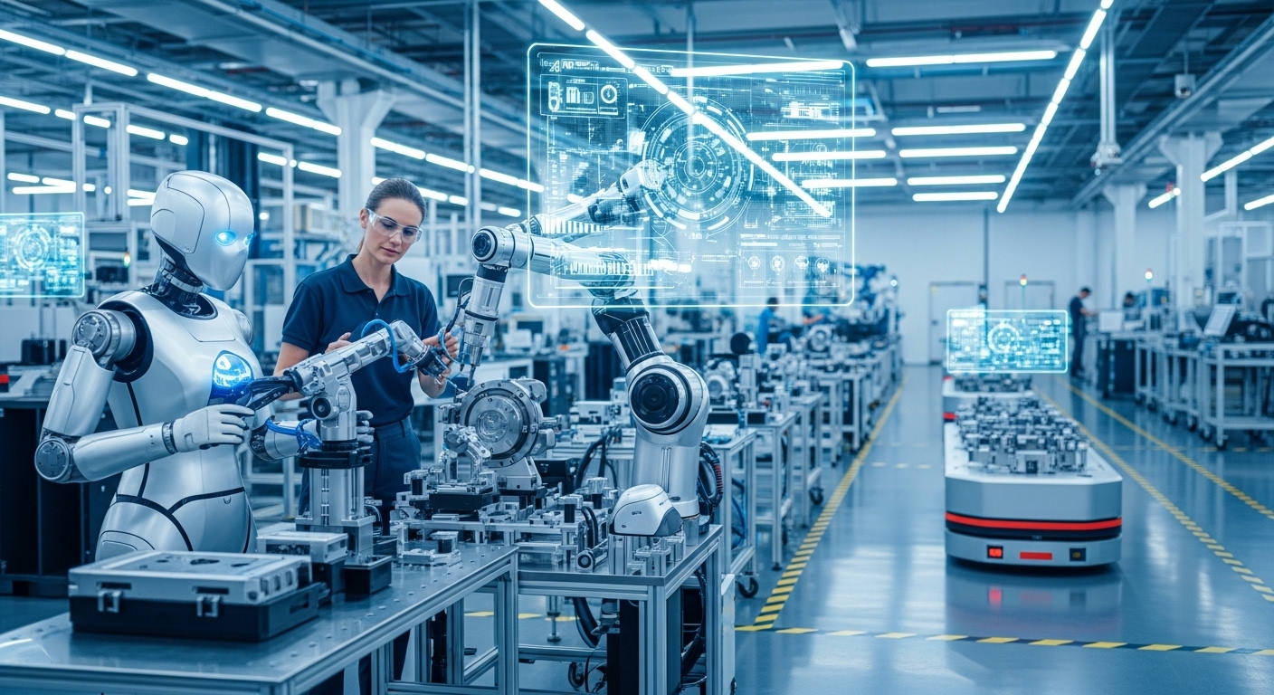 2030년 미래형 스마트 팩토리에서 인간 엔지니어와 협동 로봇이 함께 정밀 작업을 수행하는 첨단 제조 현장