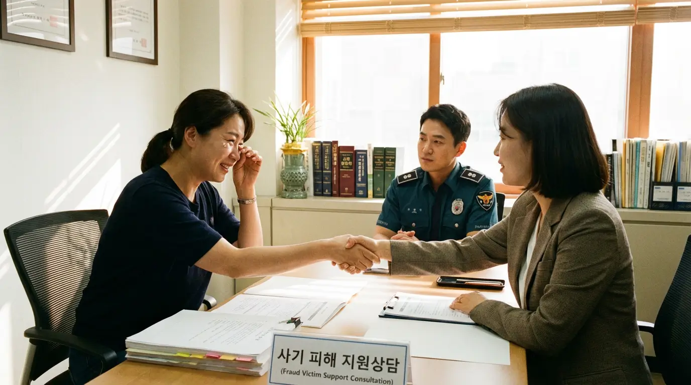 경찰이나 법률 전문가와 상담하며 대출 사기 피해를 해결하고 안도하는 피해자의 모습