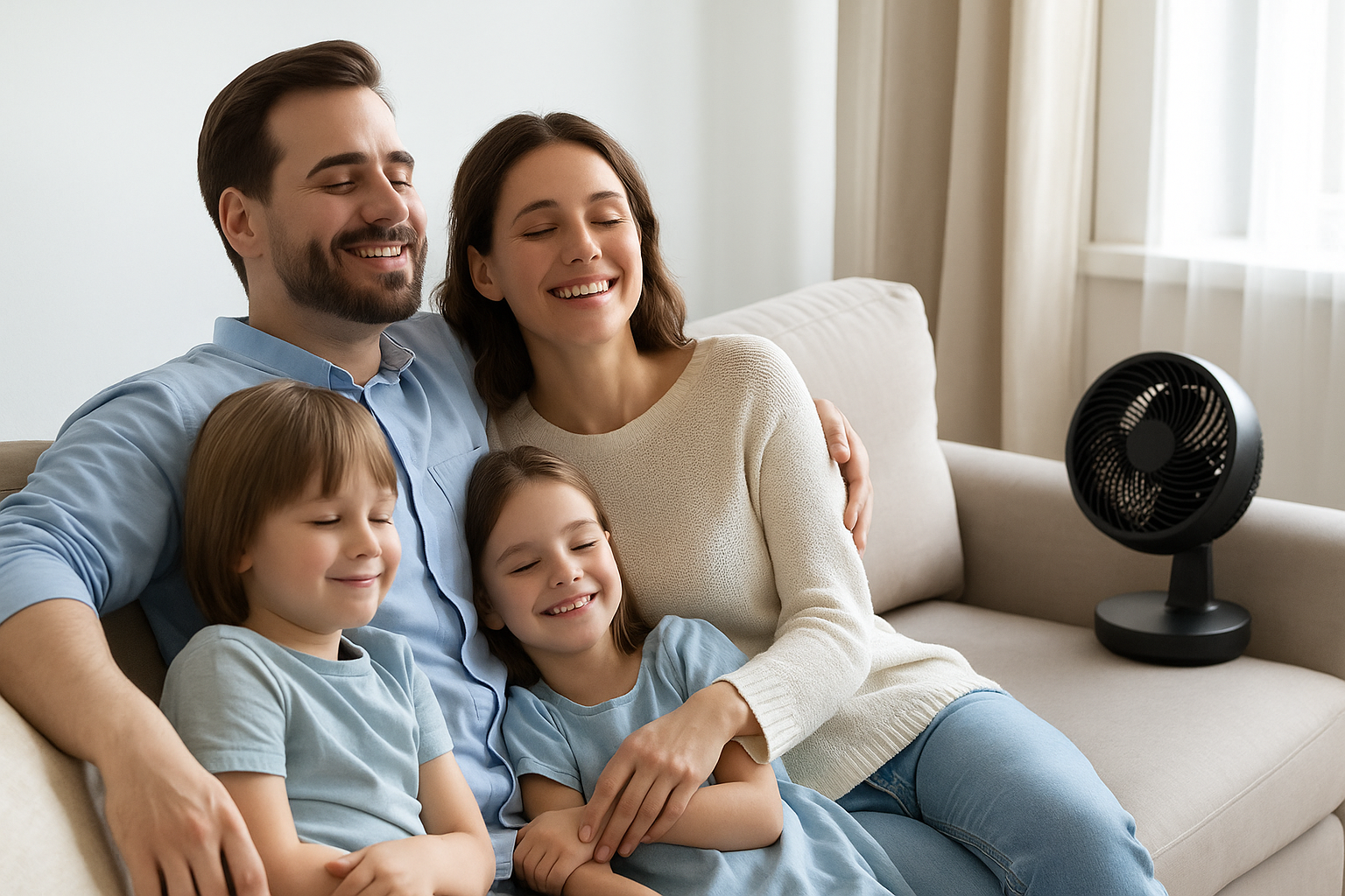 에어컨과 서큘레이터를 함께 사용하며 쾌적한 거실에서 쉬고 있는 가족