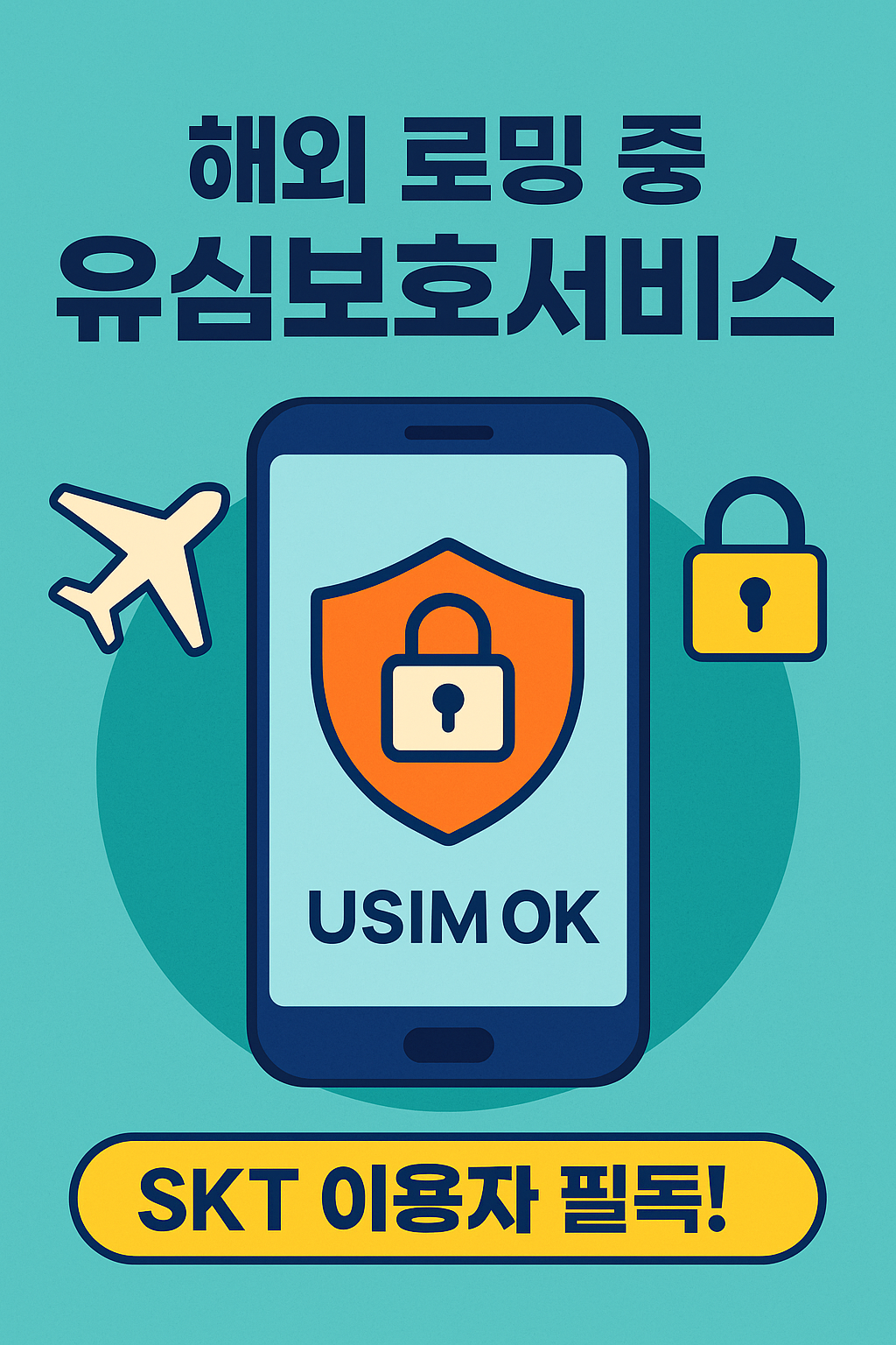 해외 로밍 중 SKT 유심보호서비스를 상징하는 스마트폰 보안 썸네일 이미지