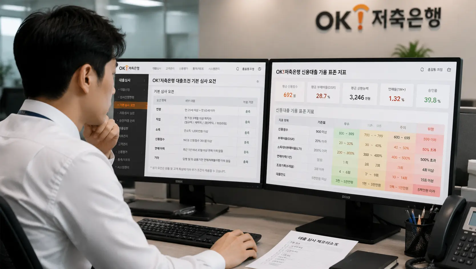 ok저축은행대출조건 기본 심사 요건과 ok 저축 은행 신용 대출 가용 표준 지표를 전산망으로 검토하는 직장인