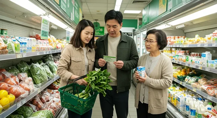 농식품바우처로 편의점에서 식료품을 구매하는 가족의 모습