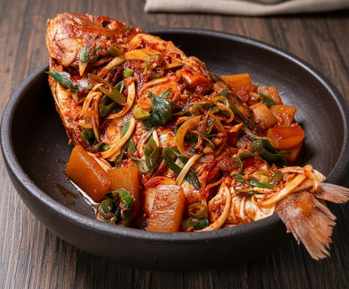 매콤한 양념으로 조리된 도미조림이 전통식기에 놓여져있는 식탁.