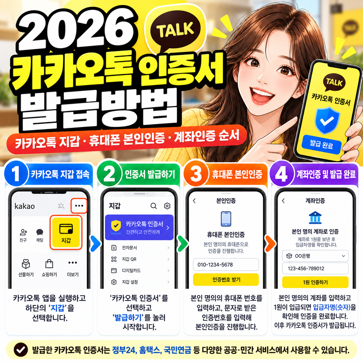카카오톡 인증서 발급방법 ❘ 카카오톡 지갑&middot;휴대폰 본인인증&middot;계좌인증 순서