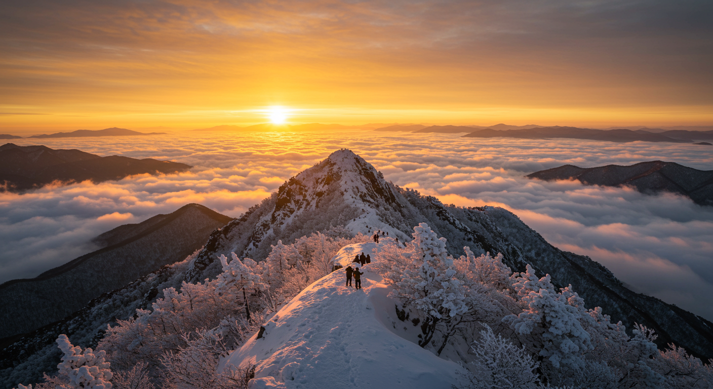 태백산 정상에서 한국인들이 구름바다 위로 떠오르는 해돋이를 감상하는 항공 사진