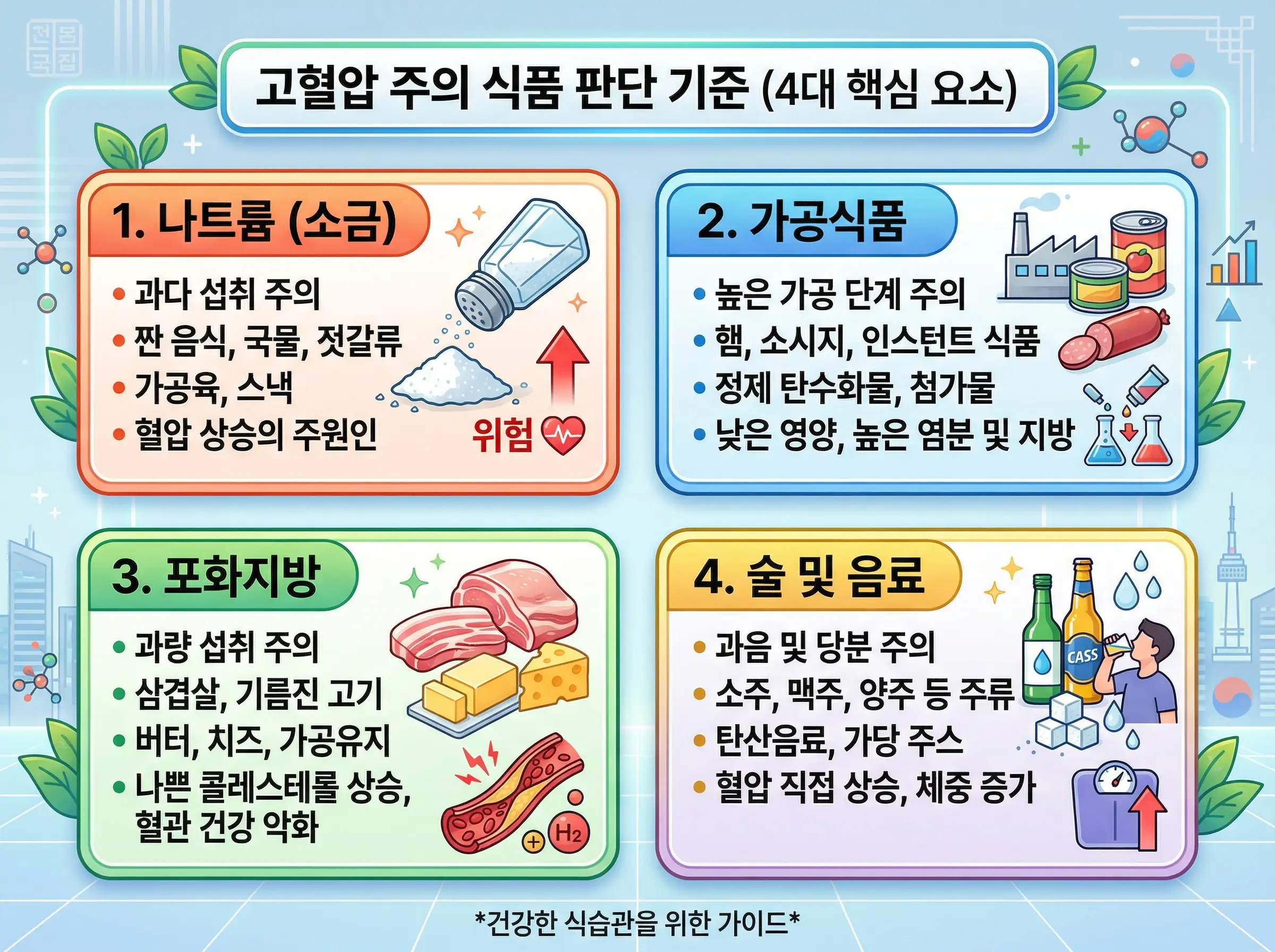고혈압 식단에서 주의할 음식 판단 기준을 정리한 카드형 이미지