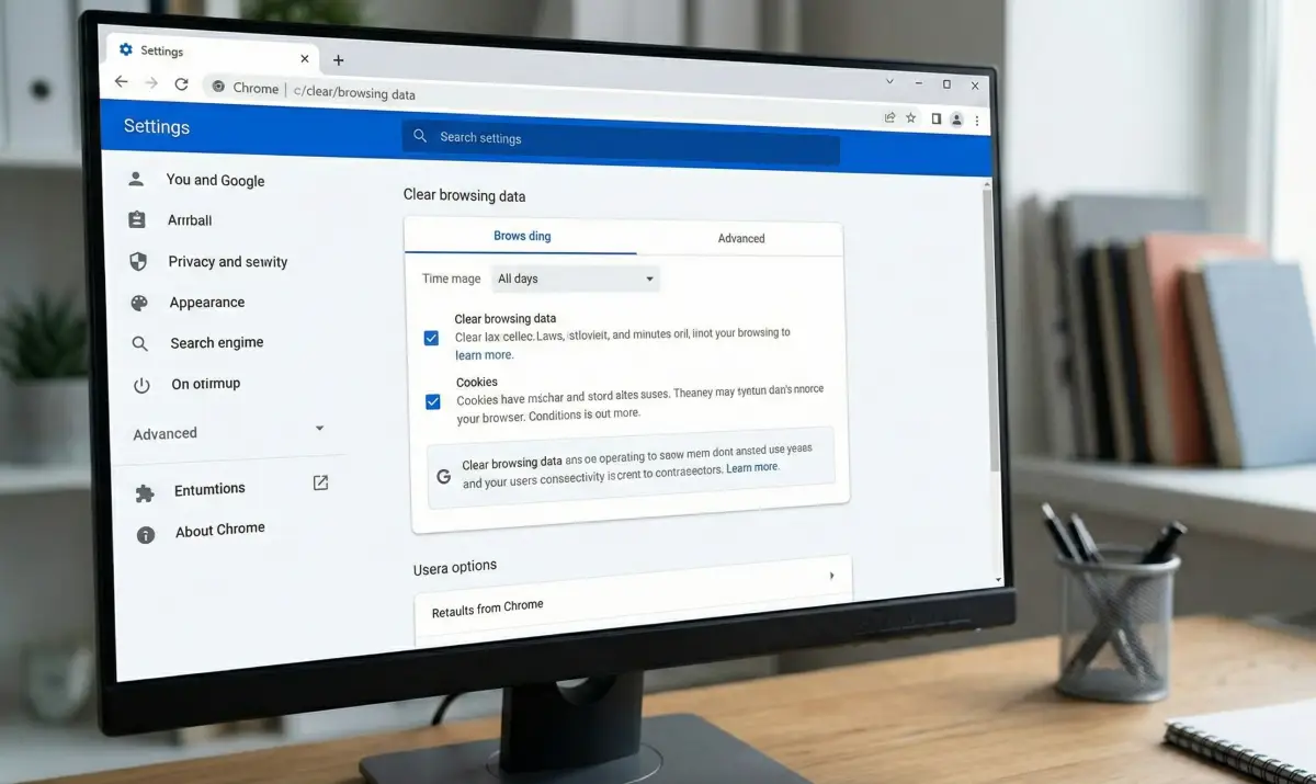 크롬 브라우저 설정에서 쿠키 및 캐시 삭제를 진행하는 화면